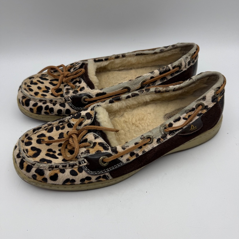 Sperry Boat Shoes Women 7M Brown Leopard Calf Hair Shearling Lined 9102427